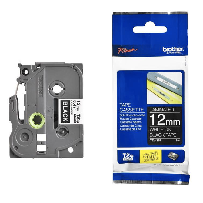 Brother Tape Cassette White on Black 12mm TZE-335